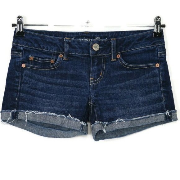 American‎ Eagle Cut Off Jean Shorts Stretch Frayed Dark 0 - Picture 1 of 12